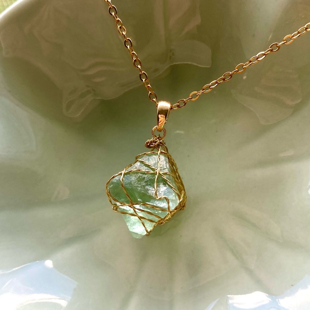 Green Fluorite Octahedron - Gold Wire Wrapped Pendant P25